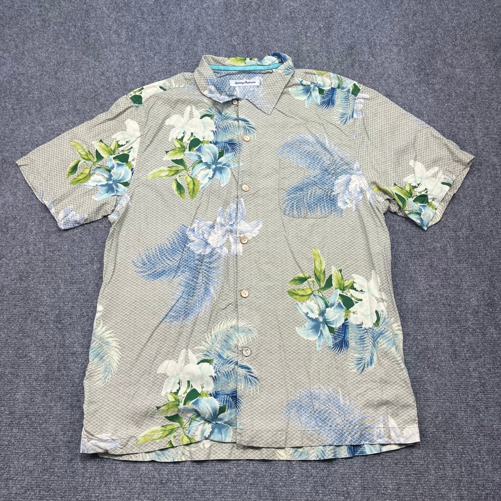 Tommy Bahama Mens Large Silk Floral Palm Geometric Button Down Shirt Blue Green